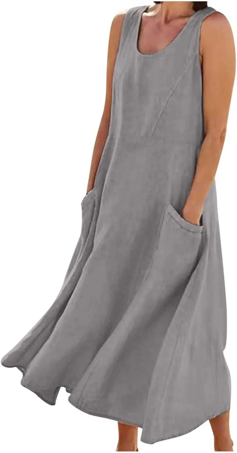 ZDRZK Western Dress for Women Sleeveless Tank Cotton Linen T-Shirts Dress Pocket Flowy Long Hawaiian Sundresses Trendy 2024