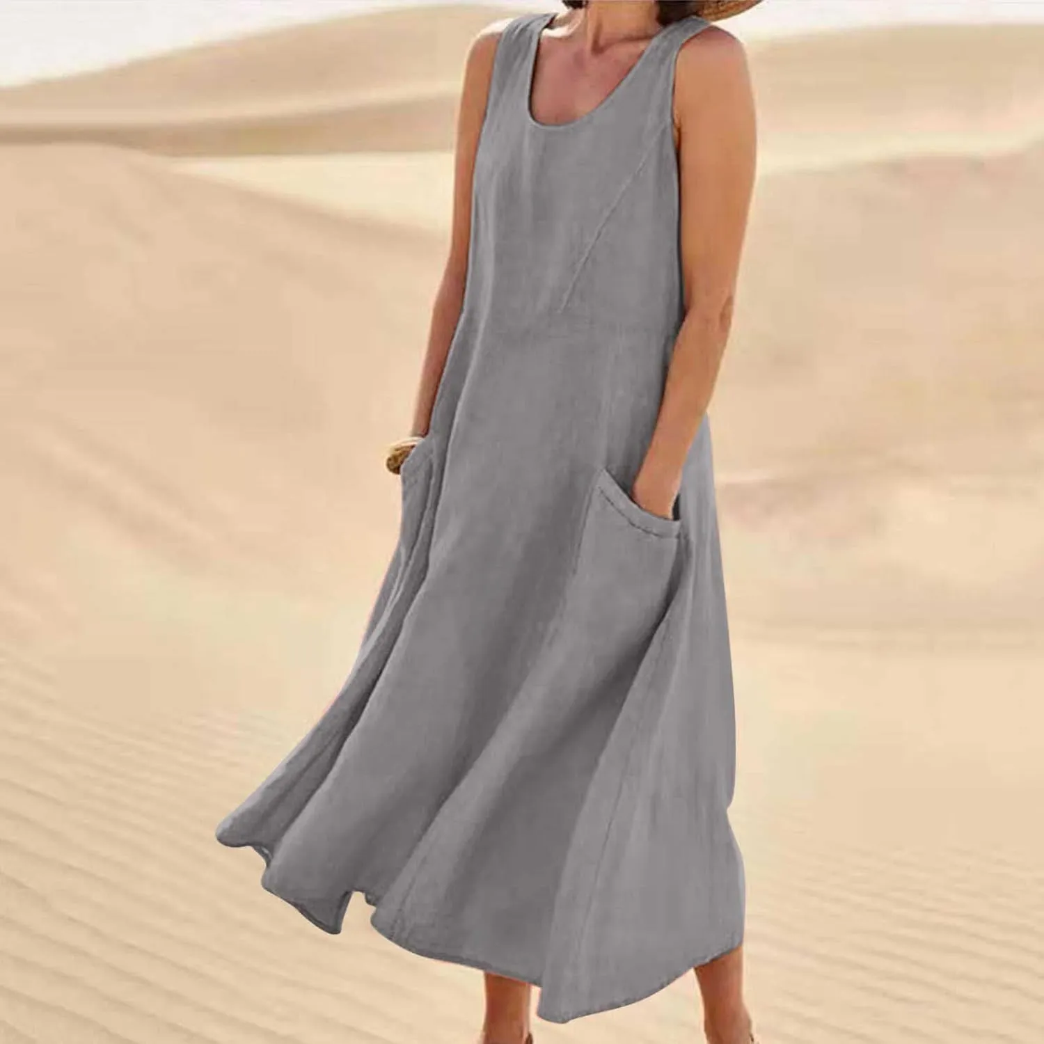 ZDRZK Western Dress for Women Sleeveless Tank Cotton Linen T-Shirts Dress Pocket Flowy Long Hawaiian Sundresses Trendy 2024