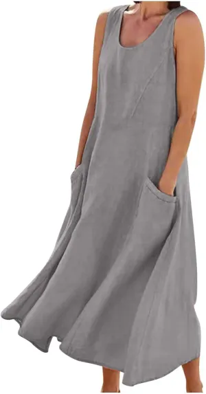 ZDRZK Western Dress for Women Sleeveless Tank Cotton Linen T-Shirts Dress Pocket Flowy Long Hawaiian Sundresses Trendy 2024